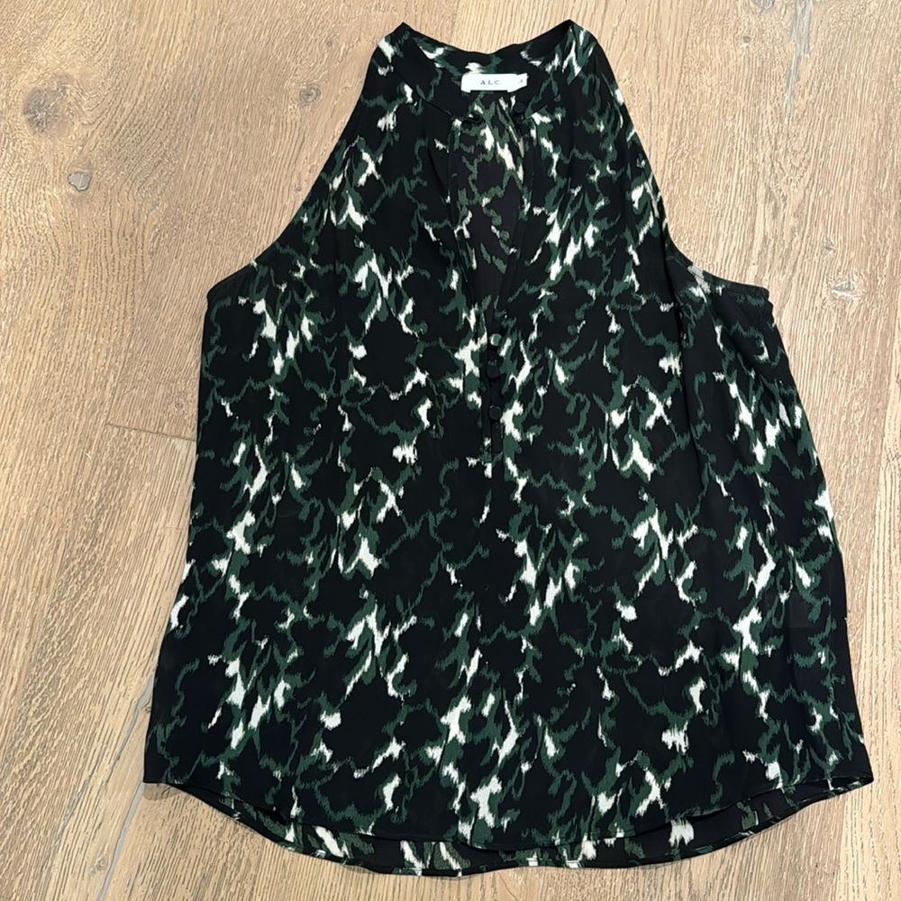 ALC racerback silk blouse with button at collar and then 3 more buttons.